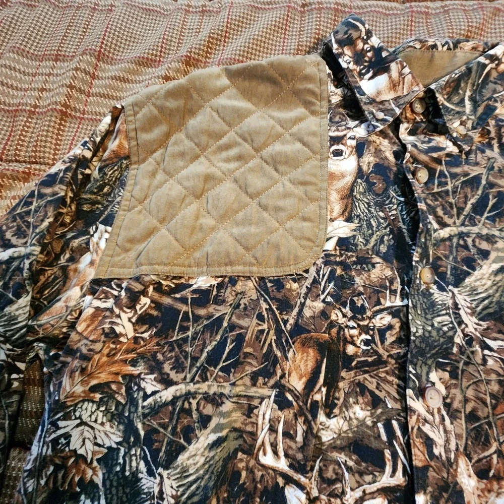 VTG Morgan Creek Brown Hunter‎ Camo Button Down Mens Sz L Elbow Shoulder Patches